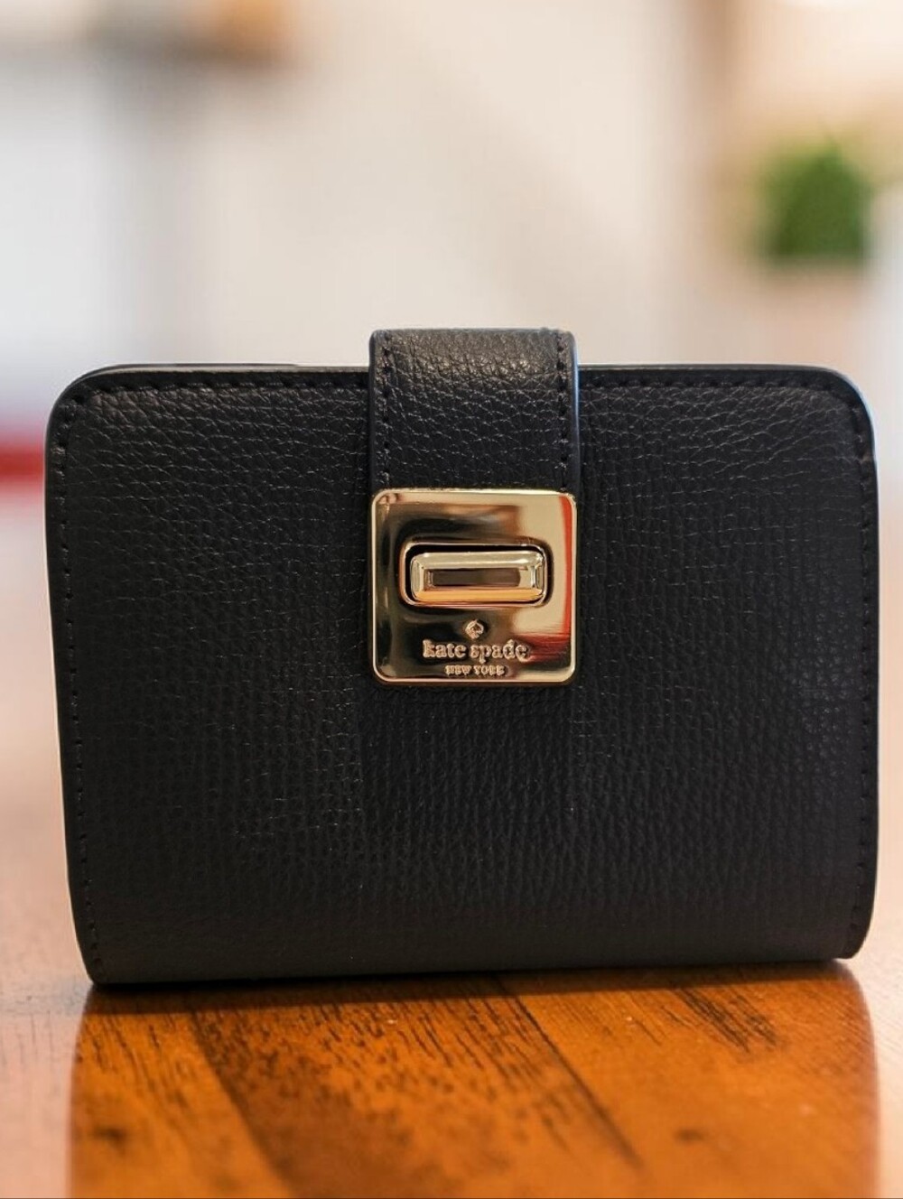 Kate Spade Black Pebbled Leather Wallet with Gold Turn-Lock